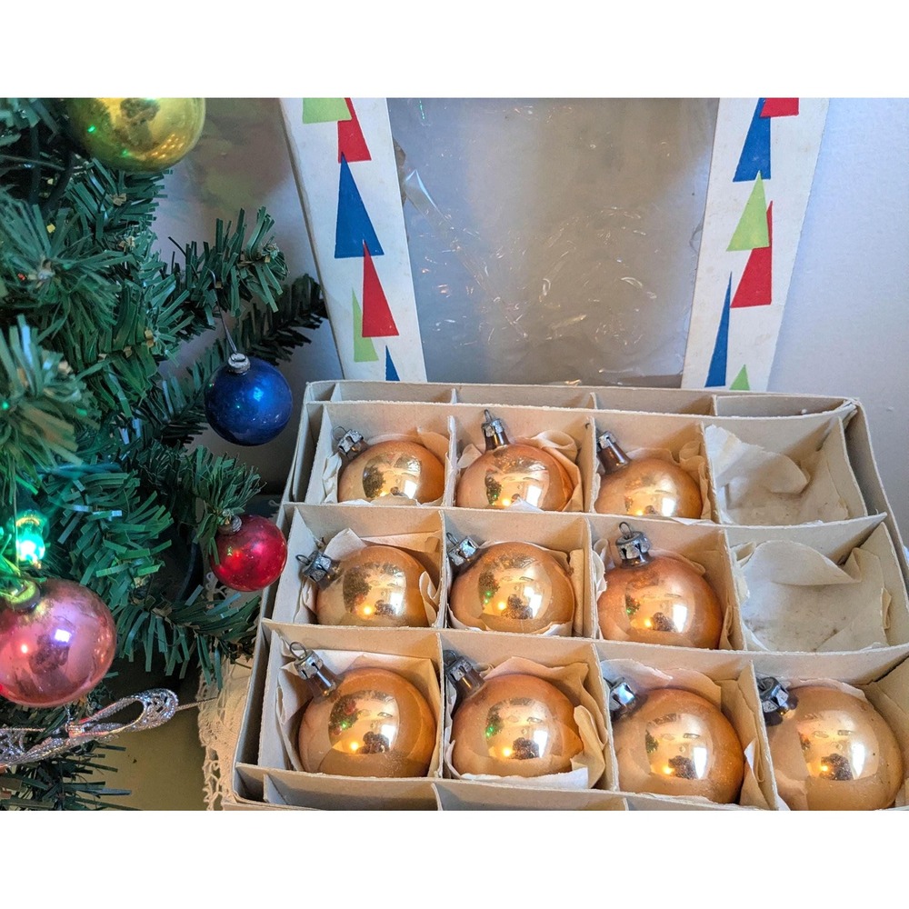 Vintage Santa Land Gold Glass Christmas Ornaments Set of 10 with Original Box